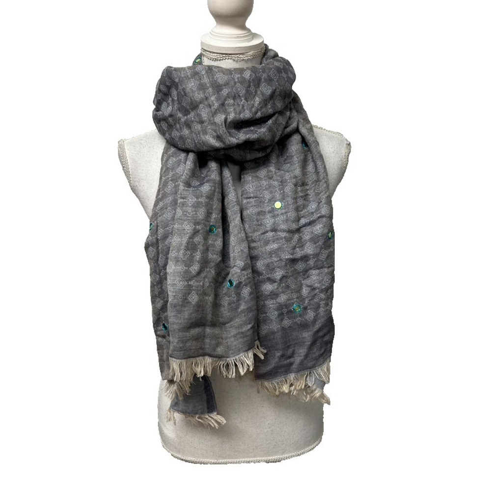 Ahujasons Rectangle Scarf Wrap Shawl One Size Knit Gray Eyelet Dot Fringe